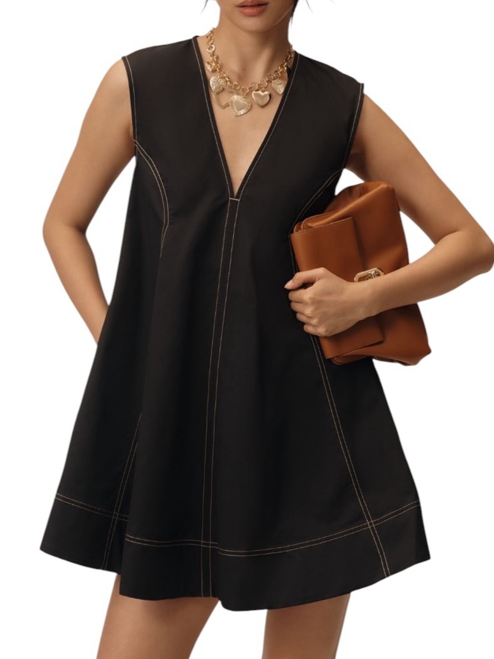 Maeve Anthropologie Women’s Black V-Neck ALine Sleeveless Swing Dress Size Small